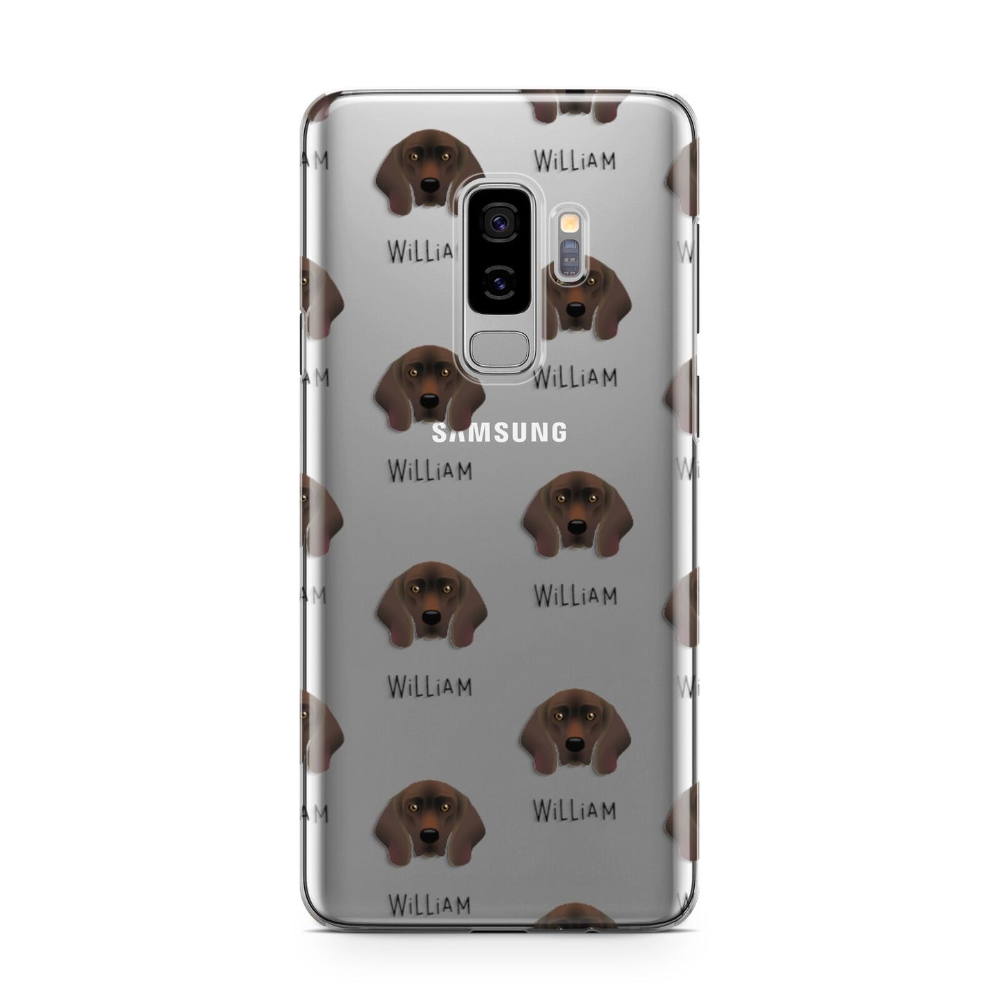 Bavarian Mountain Hound Icon with Name Samsung Galaxy S9 Plus Case on Silver phone