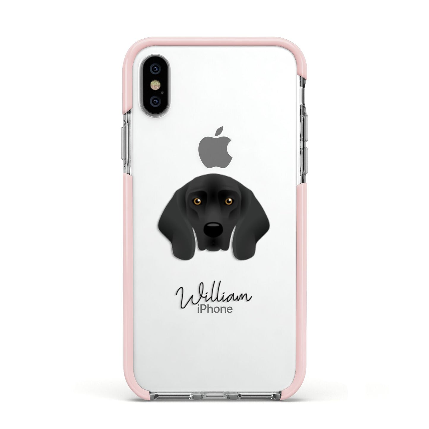 Bavarian Mountain Hound Personalised Apple iPhone Xs Impact Case Pink Edge on Silver Phone