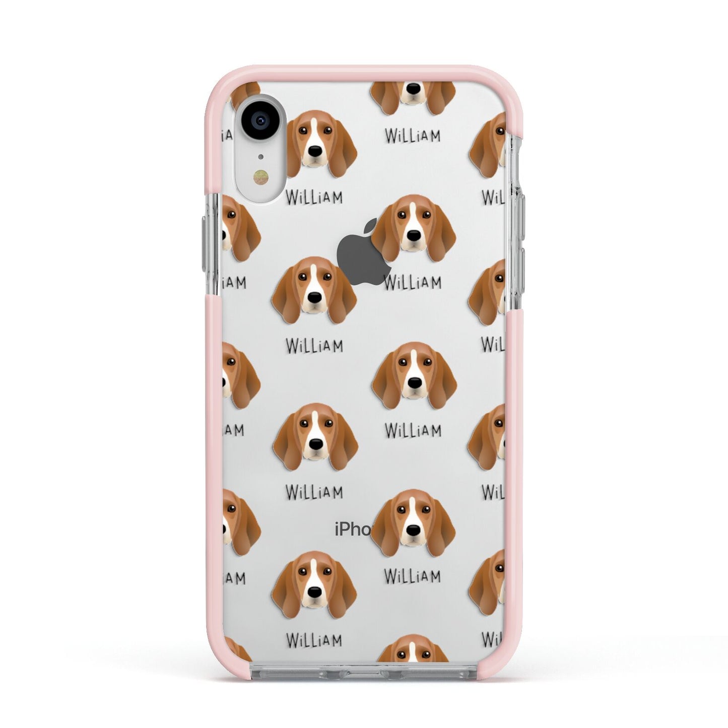 Beagle Icon with Name Apple iPhone XR Impact Case Pink Edge on Silver Phone