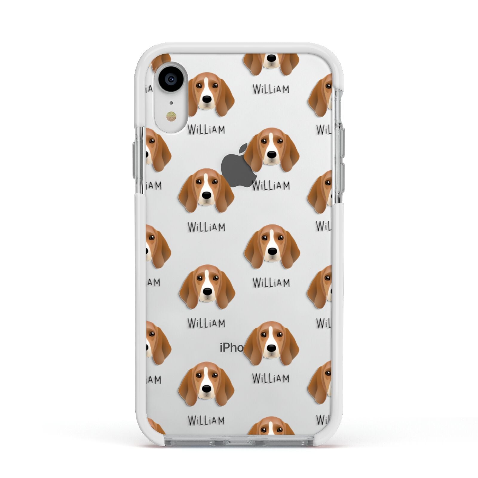 Beagle Icon with Name Apple iPhone XR Impact Case White Edge on Silver Phone