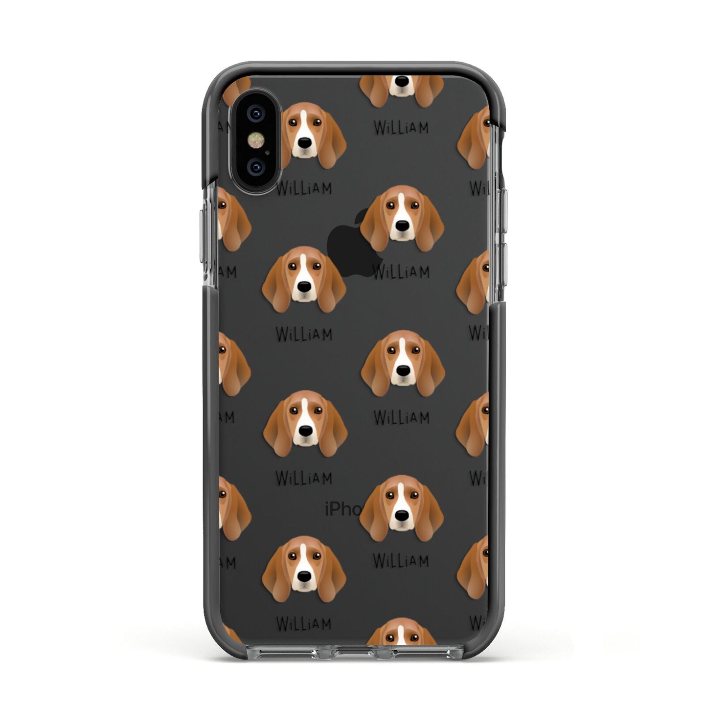 Beagle Icon with Name Apple iPhone Xs Impact Case Black Edge on Black Phone