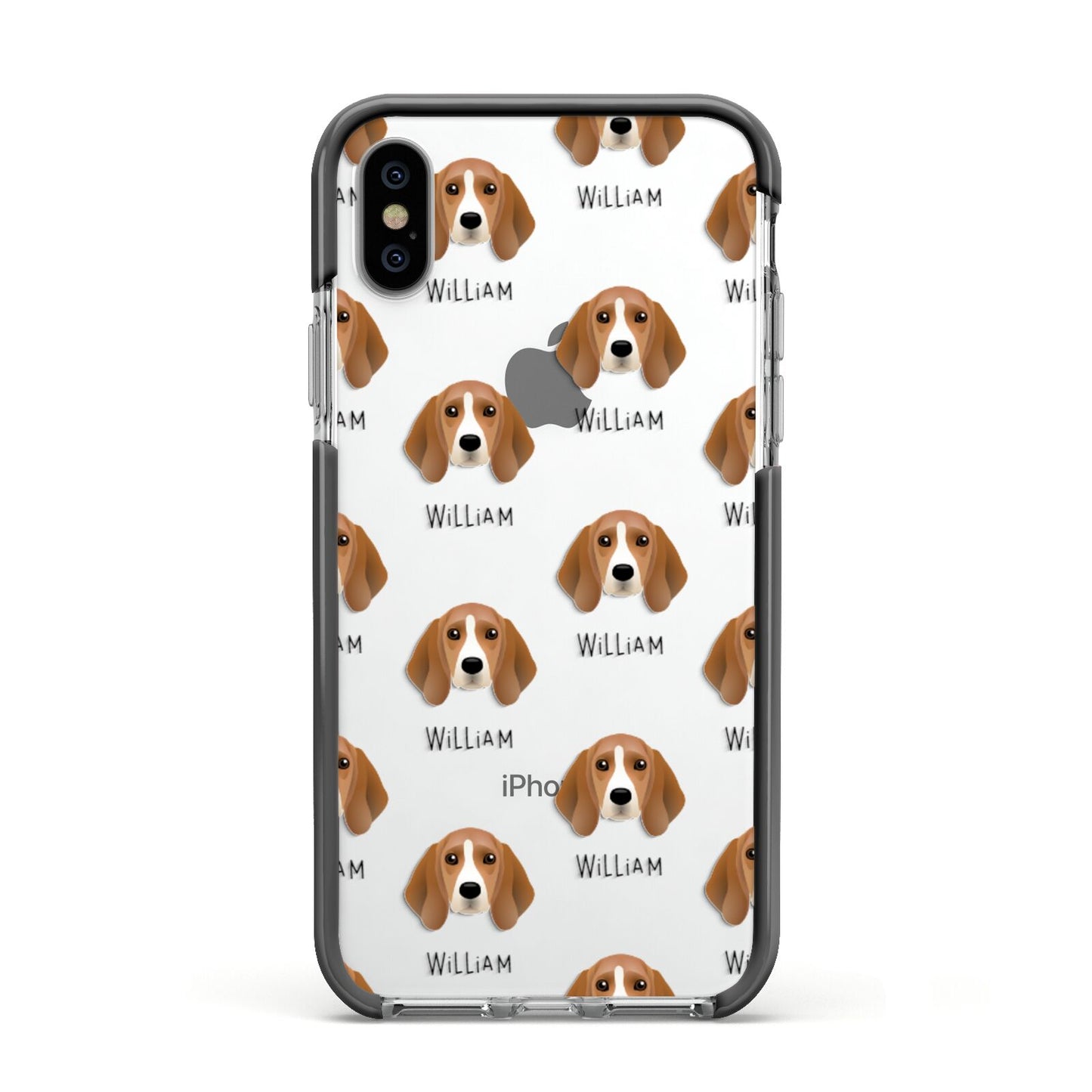 Beagle Icon with Name Apple iPhone Xs Impact Case Black Edge on Silver Phone