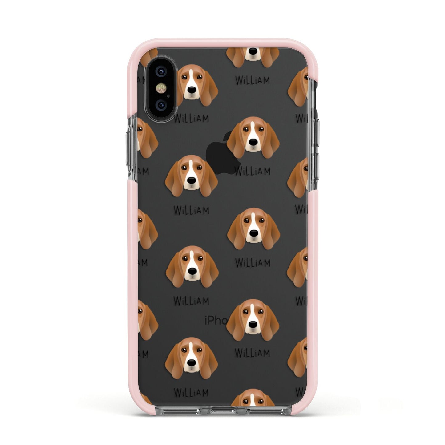 Beagle Icon with Name Apple iPhone Xs Impact Case Pink Edge on Black Phone