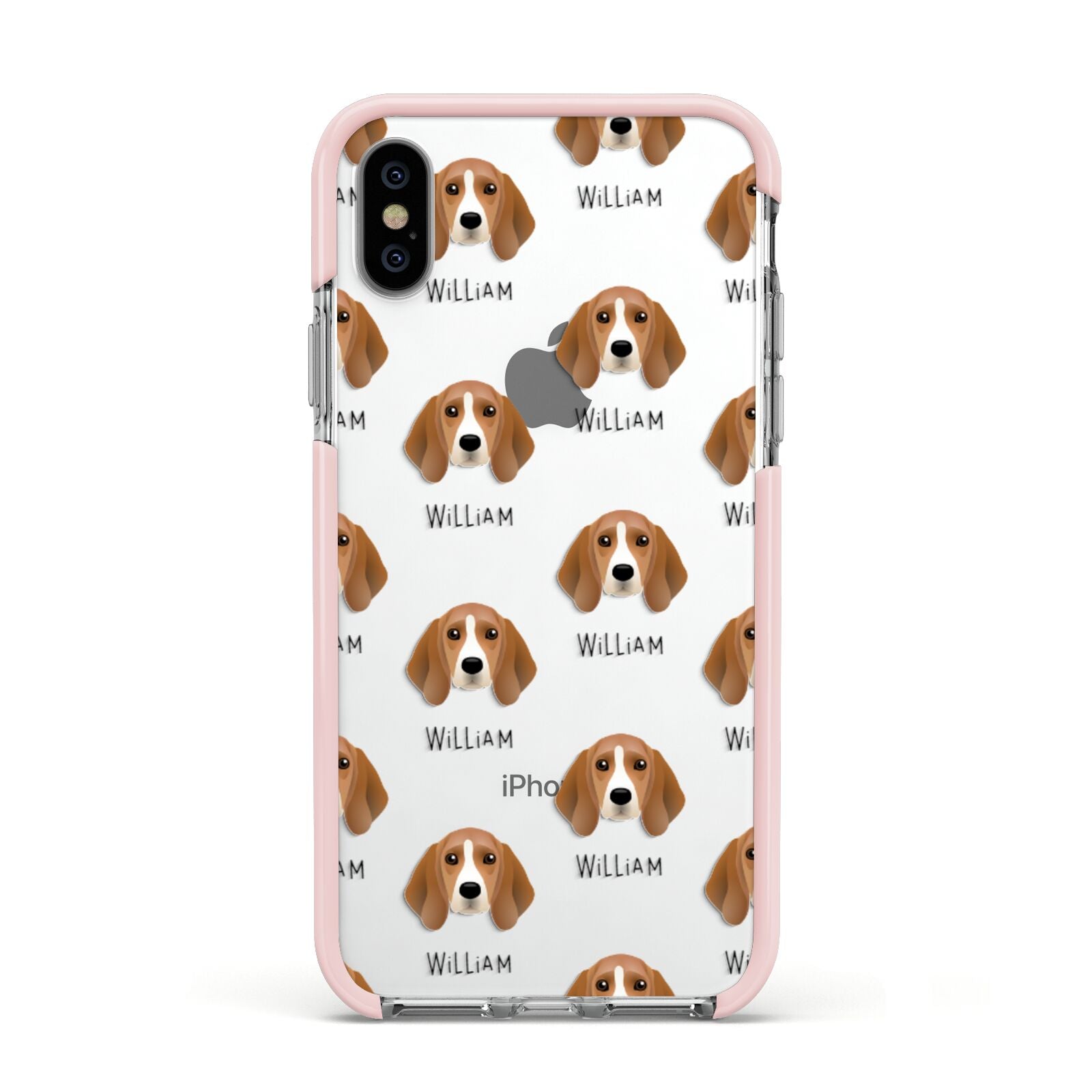 Beagle Icon with Name Apple iPhone Xs Impact Case Pink Edge on Silver Phone