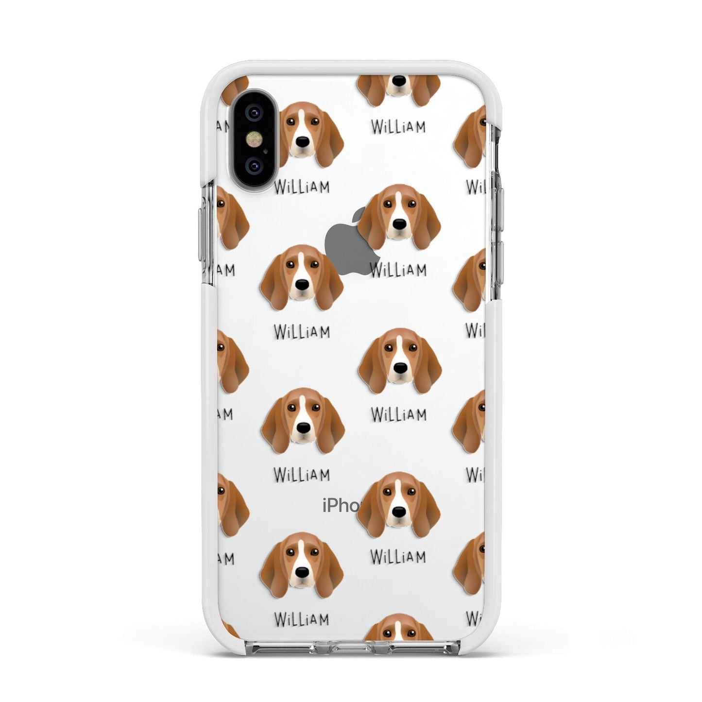 Beagle Icon with Name Apple iPhone Xs Impact Case White Edge on Silver Phone