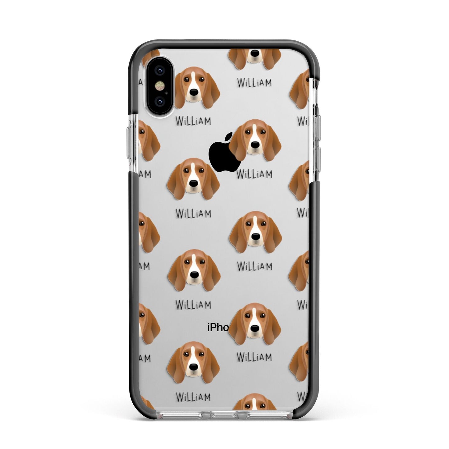 Beagle Icon with Name Apple iPhone Xs Max Impact Case Black Edge on Silver Phone