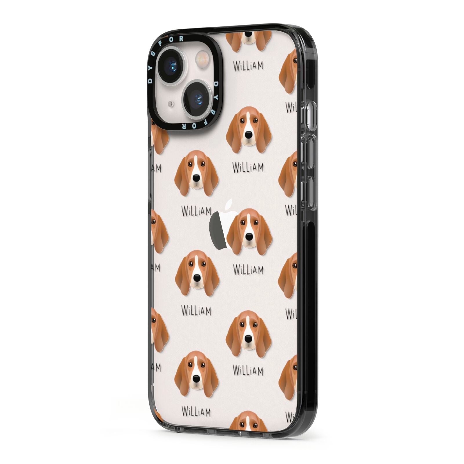 Beagle Icon with Name iPhone 13 Black Impact Case Side Angle on Silver phone