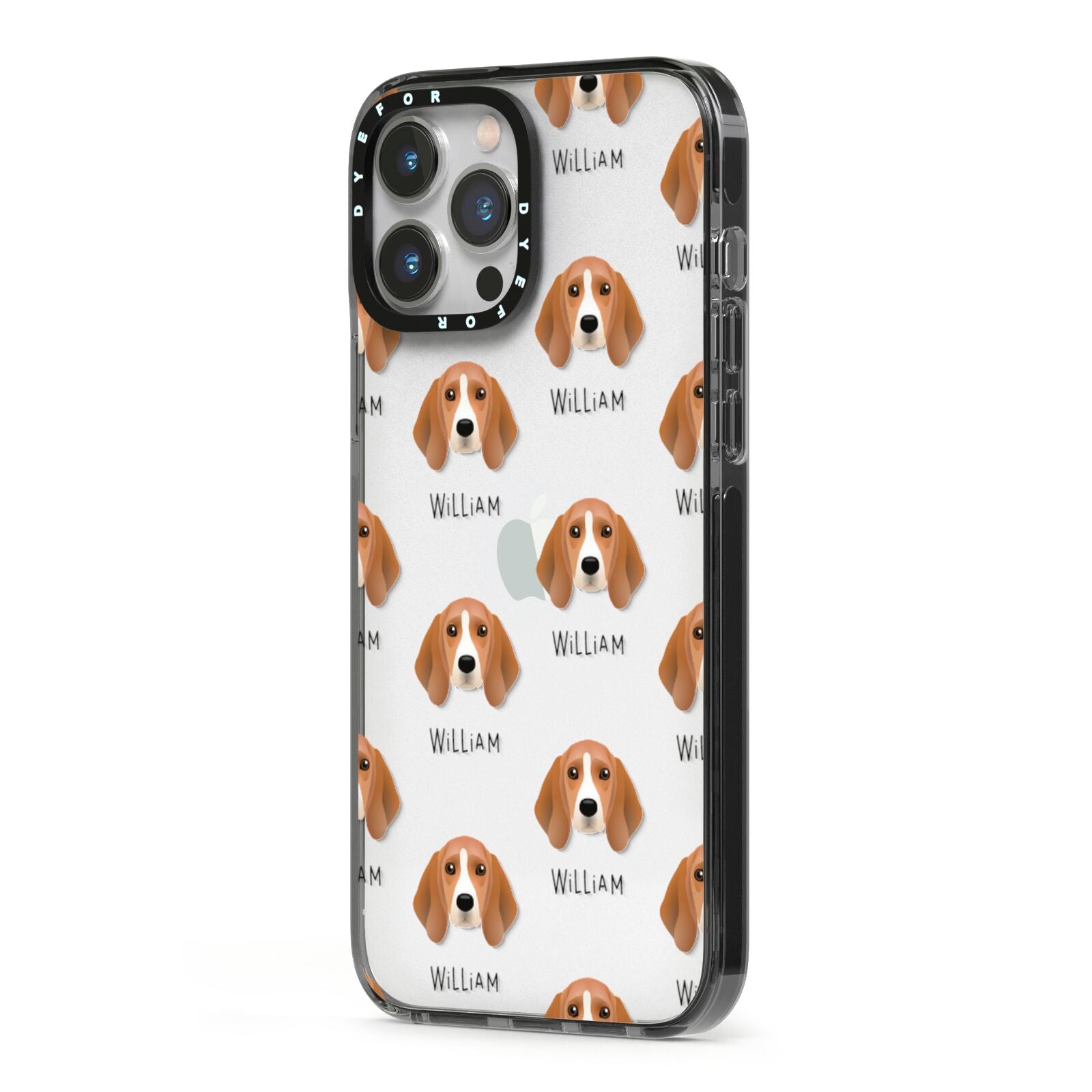 Beagle Icon with Name iPhone 13 Pro Max Black Impact Case Side Angle on Silver phone