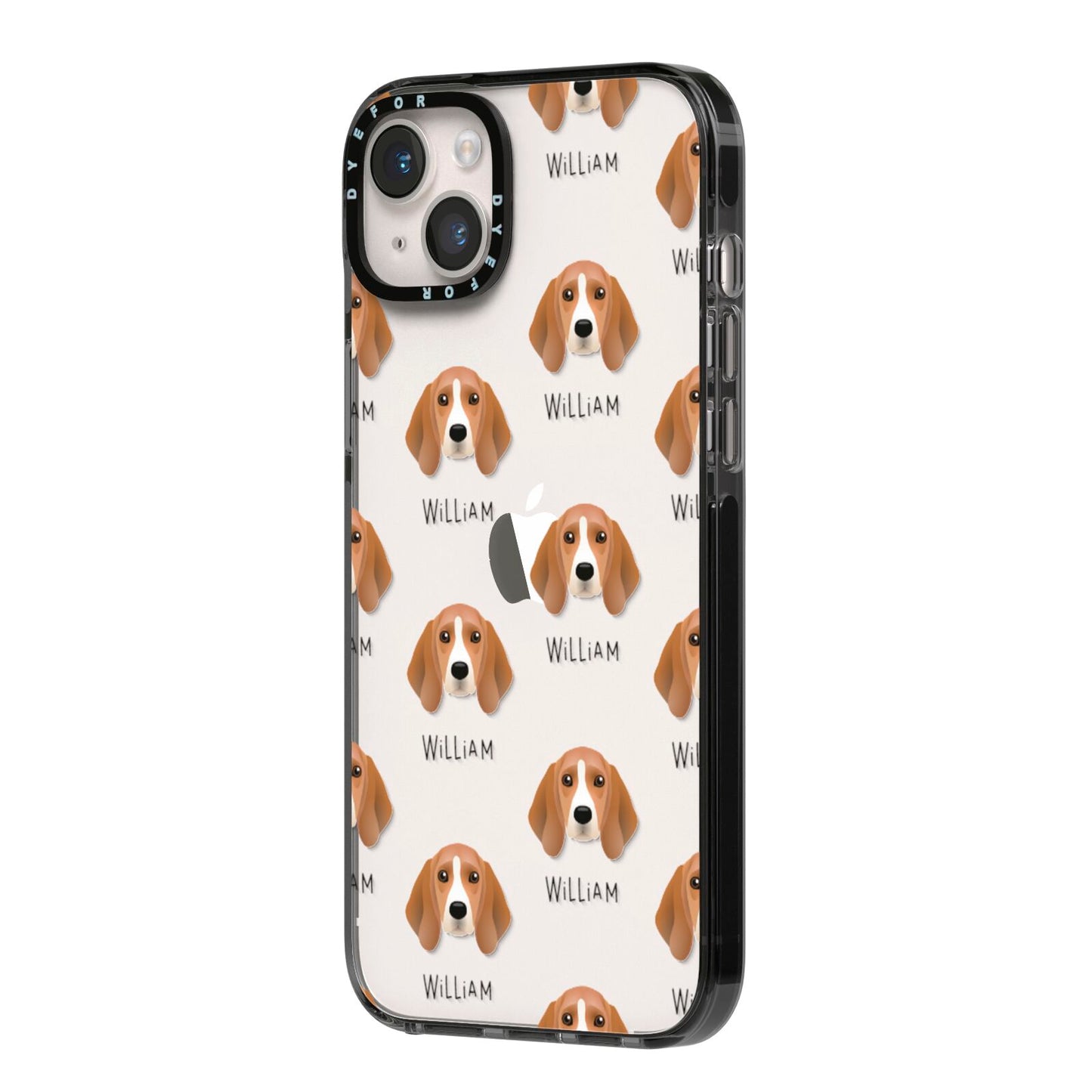 Beagle Icon with Name iPhone 14 Plus Black Impact Case Side Angle on Silver phone