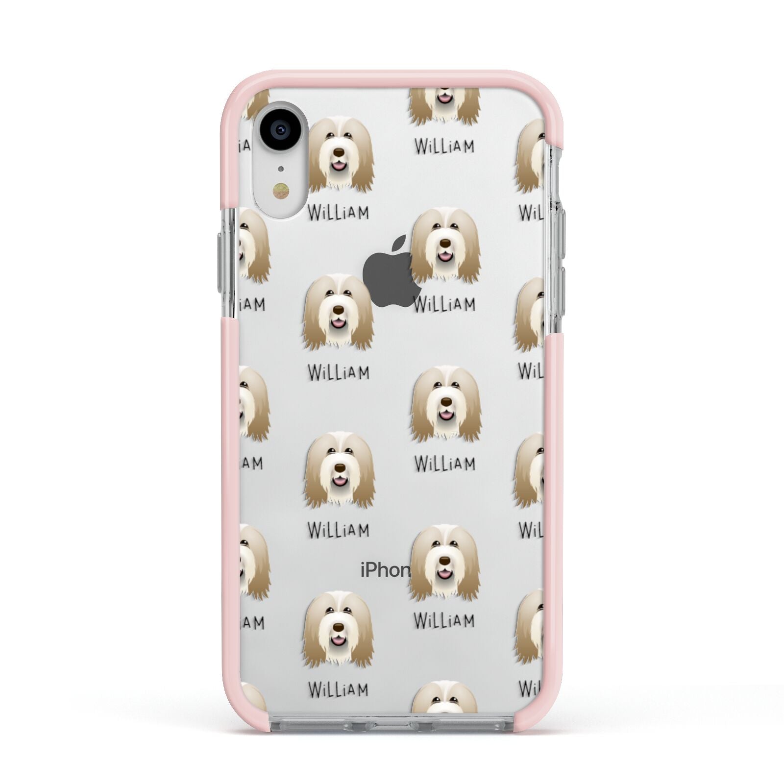 Bearded Collie Icon with Name Apple iPhone XR Impact Case Pink Edge on Silver Phone