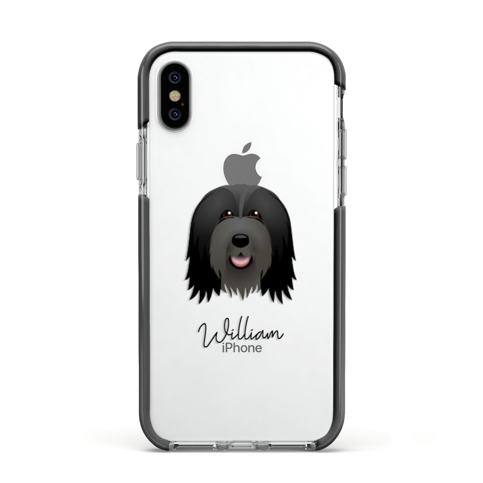 Bearded Collie Personalised Apple iPhone Xs Impact Case Black Edge on Silver Phone
