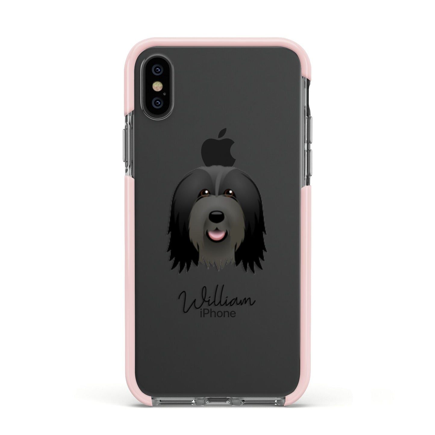 Bearded Collie Personalised Apple iPhone Xs Impact Case Pink Edge on Black Phone