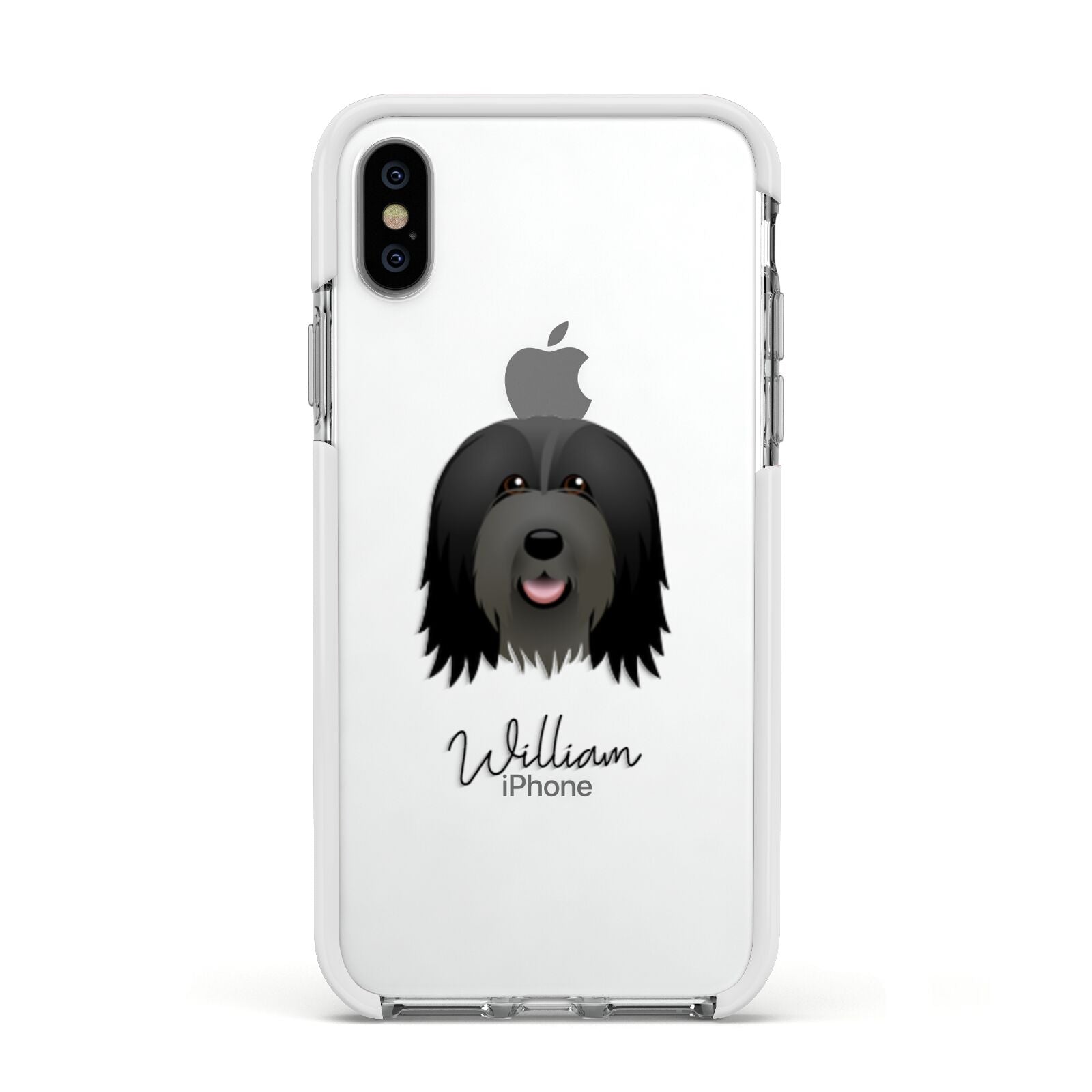 Bearded Collie Personalised Apple iPhone Xs Impact Case White Edge on Silver Phone