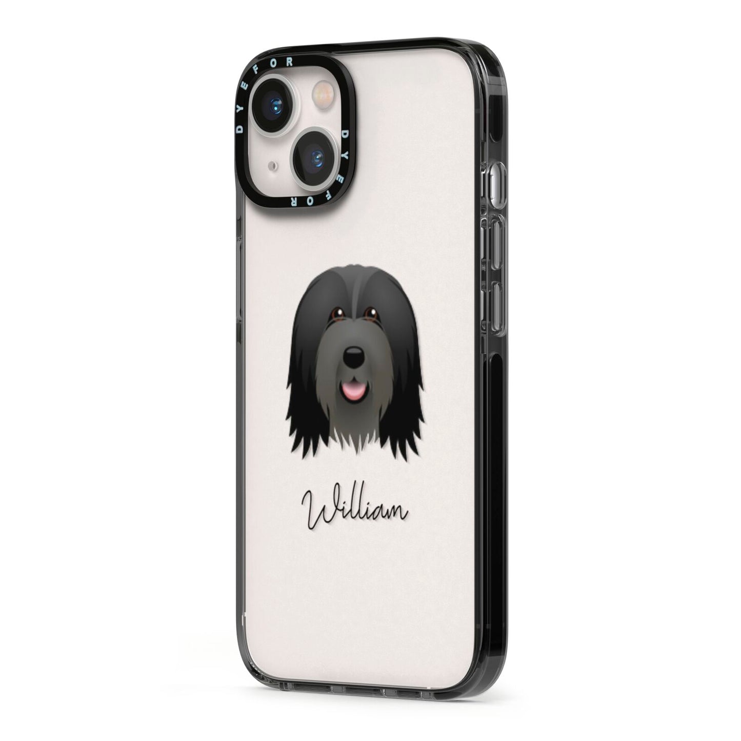 Bearded Collie Personalised iPhone 13 Black Impact Case Side Angle on Silver phone