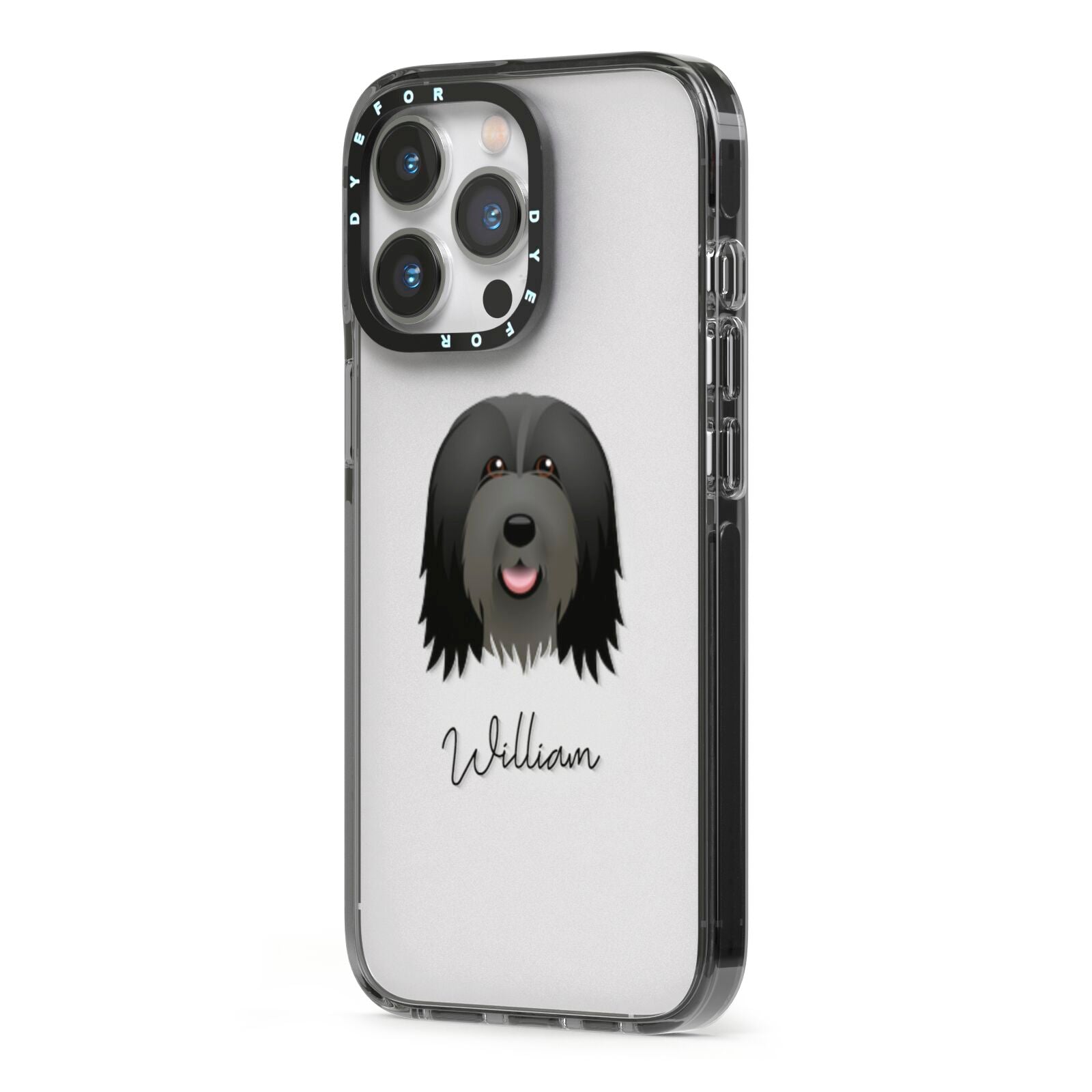 Bearded Collie Personalised iPhone 13 Pro Black Impact Case Side Angle on Silver phone