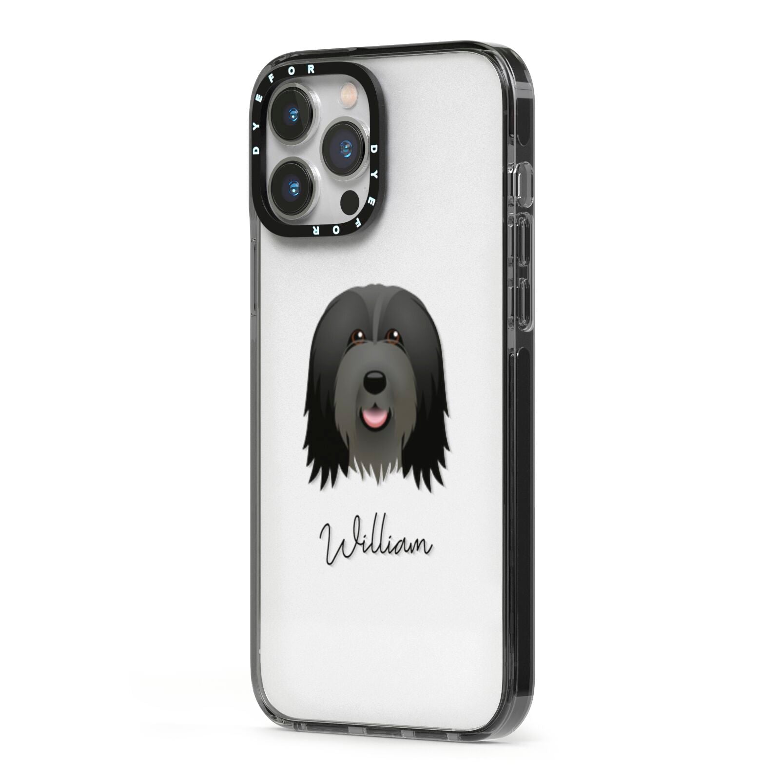 Bearded Collie Personalised iPhone 13 Pro Max Black Impact Case Side Angle on Silver phone