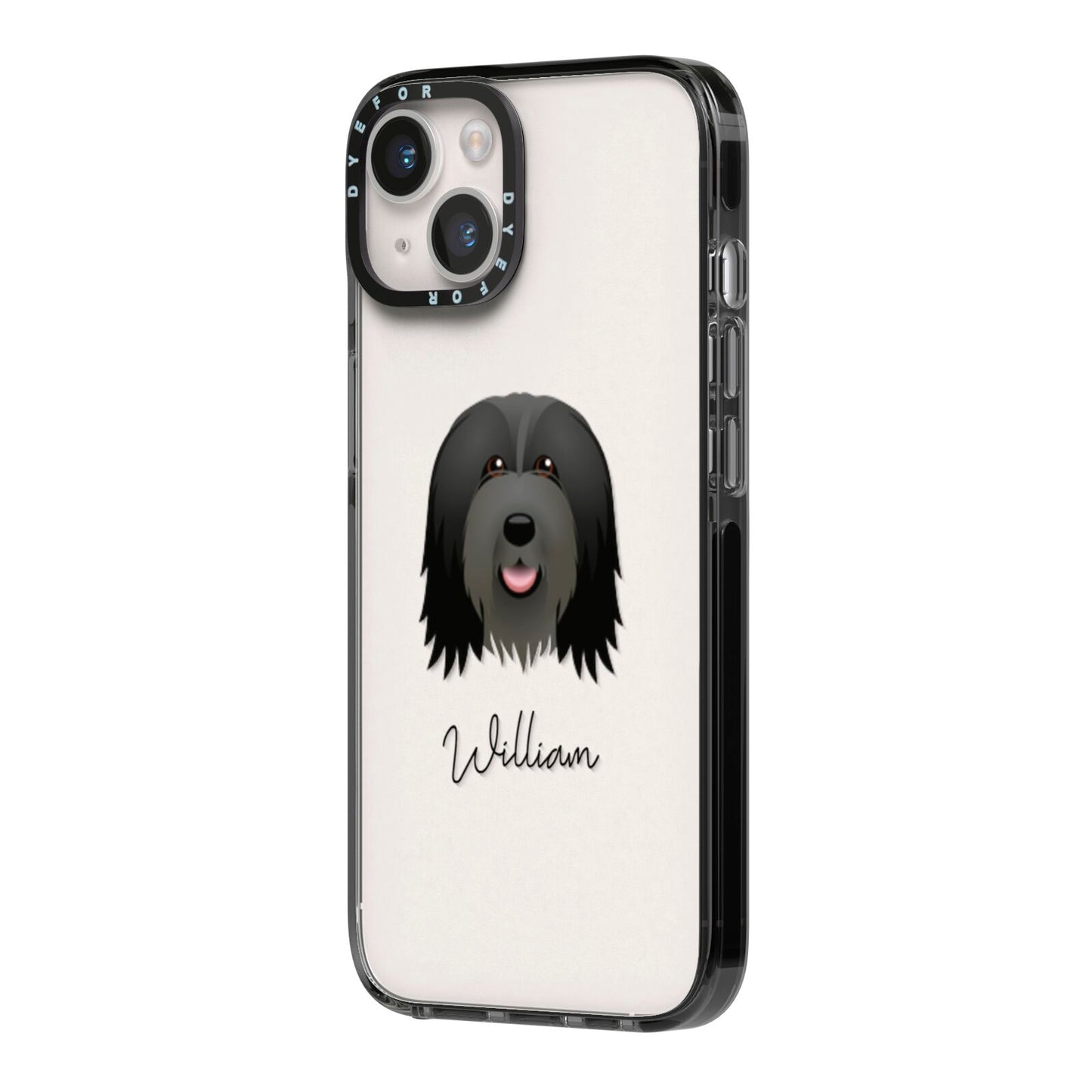 Bearded Collie Personalised iPhone 14 Black Impact Case Side Angle on Silver phone