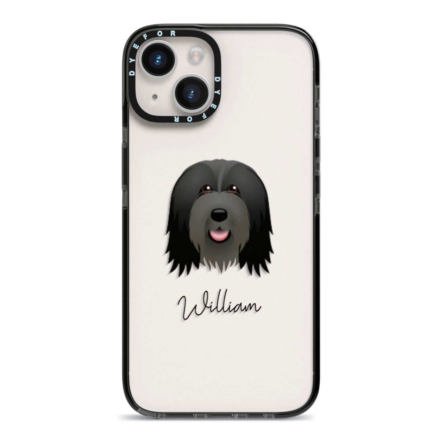 Bearded Collie Personalised iPhone 14 Black Impact Case on Silver phone