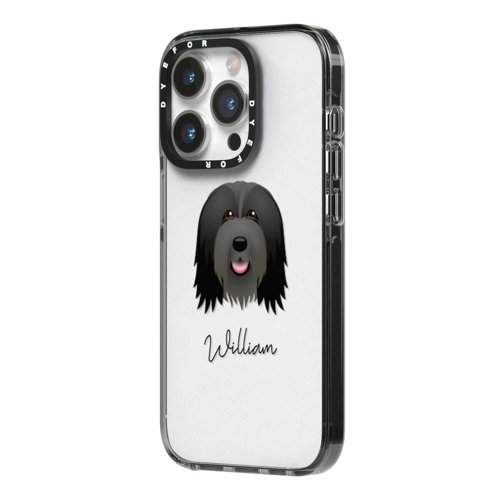Bearded Collie Personalised iPhone 14 Pro Black Impact Case Side Angle on Silver phone