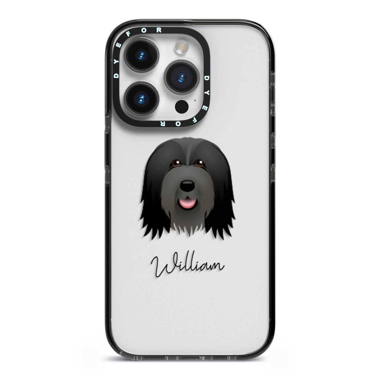 Bearded Collie Personalised iPhone 14 Pro Black Impact Case on Silver phone