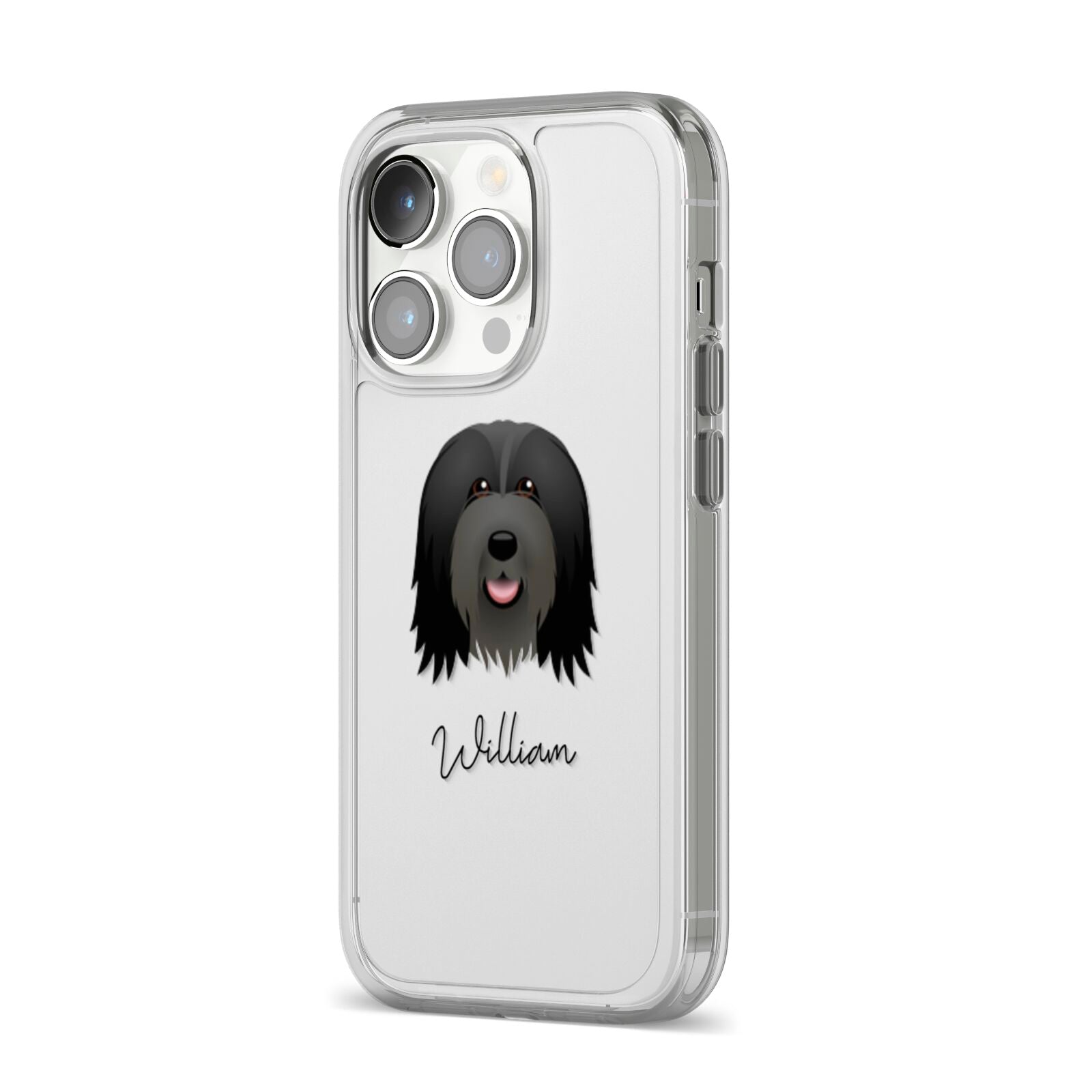 Bearded Collie Personalised iPhone 14 Pro Clear Tough Case Silver Angled Image