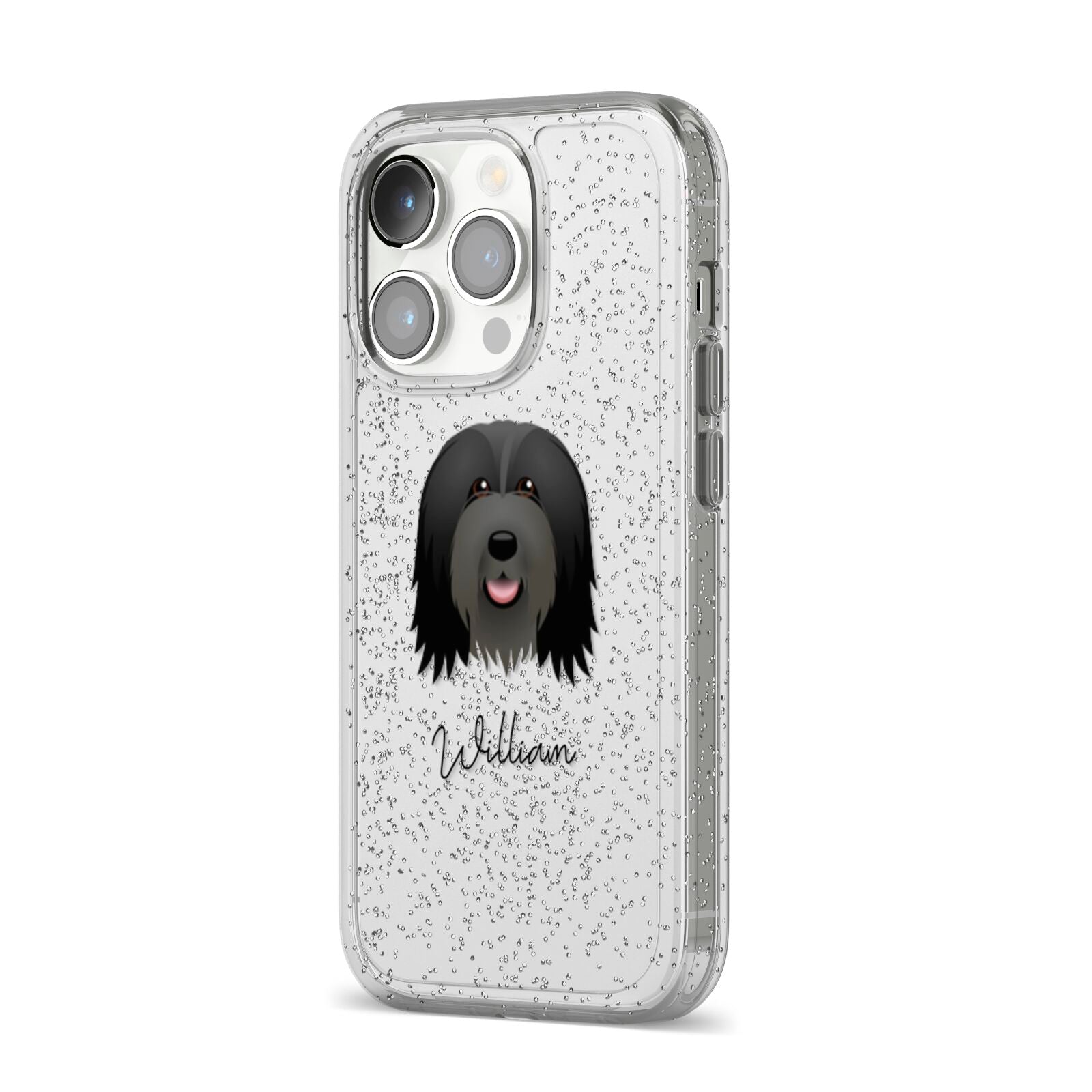 Bearded Collie Personalised iPhone 14 Pro Glitter Tough Case Silver Angled Image