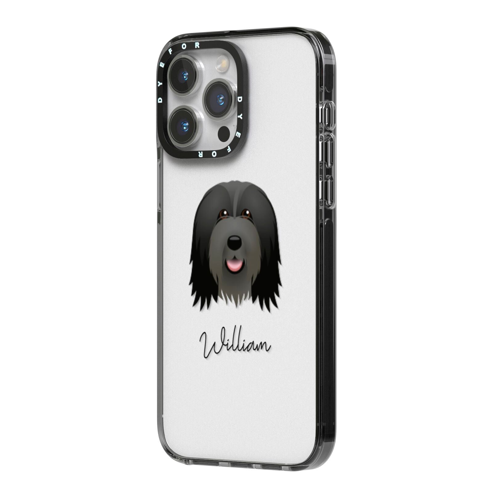 Bearded Collie Personalised iPhone 14 Pro Max Black Impact Case Side Angle on Silver phone