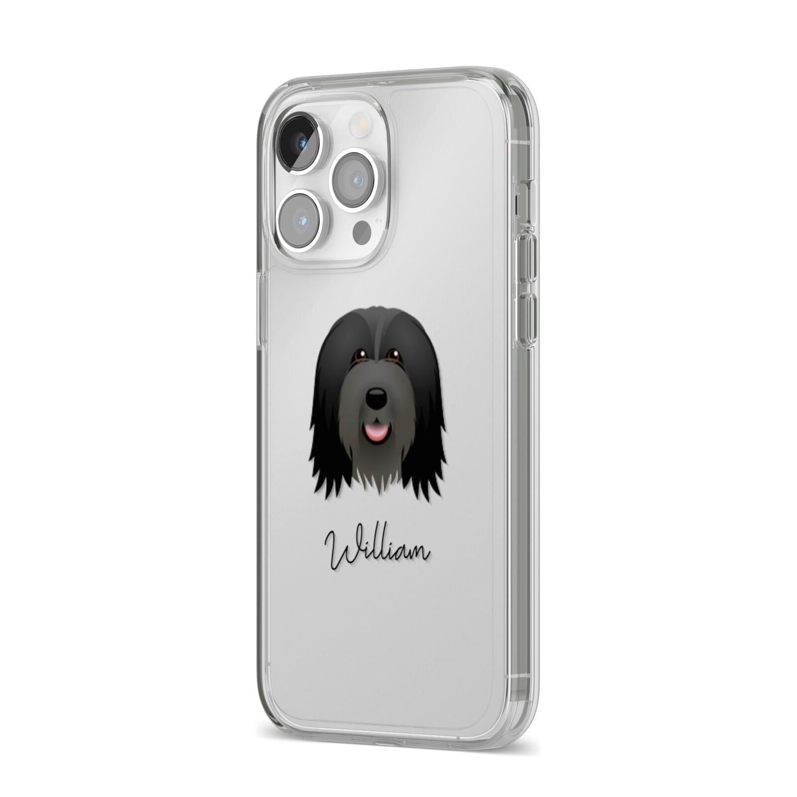 Bearded Collie Personalised iPhone 14 Pro Max Clear Tough Case Silver Angled Image