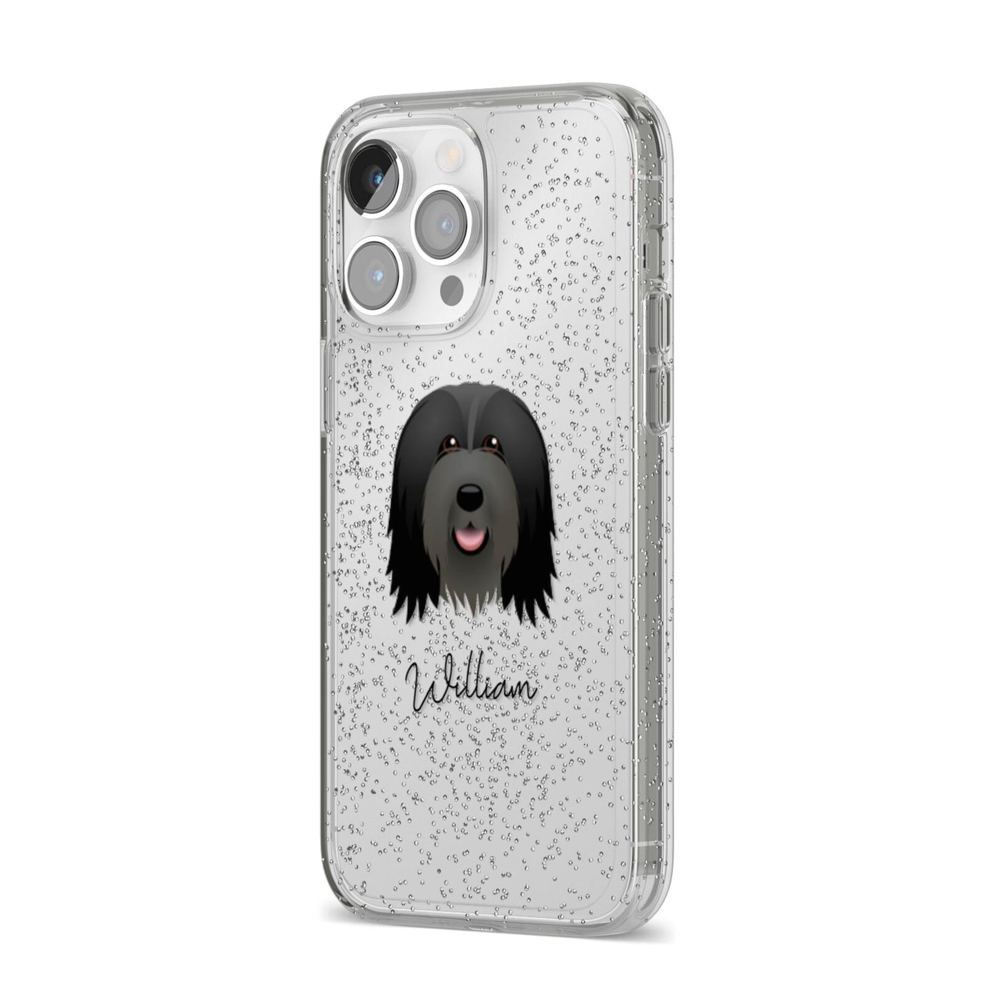 Bearded Collie Personalised iPhone 14 Pro Max Glitter Tough Case Silver Angled Image