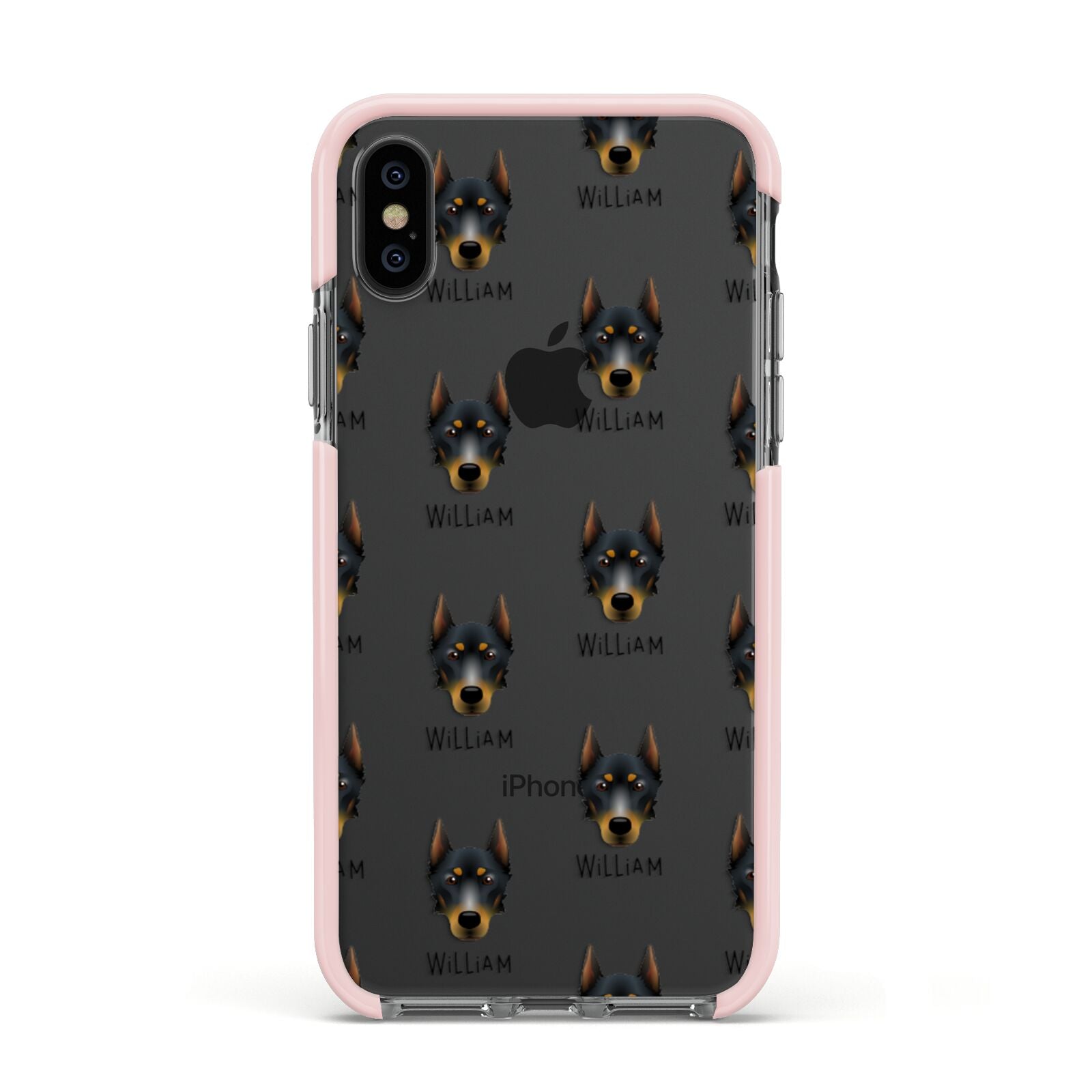 Beauceron Icon with Name Apple iPhone Xs Impact Case Pink Edge on Black Phone