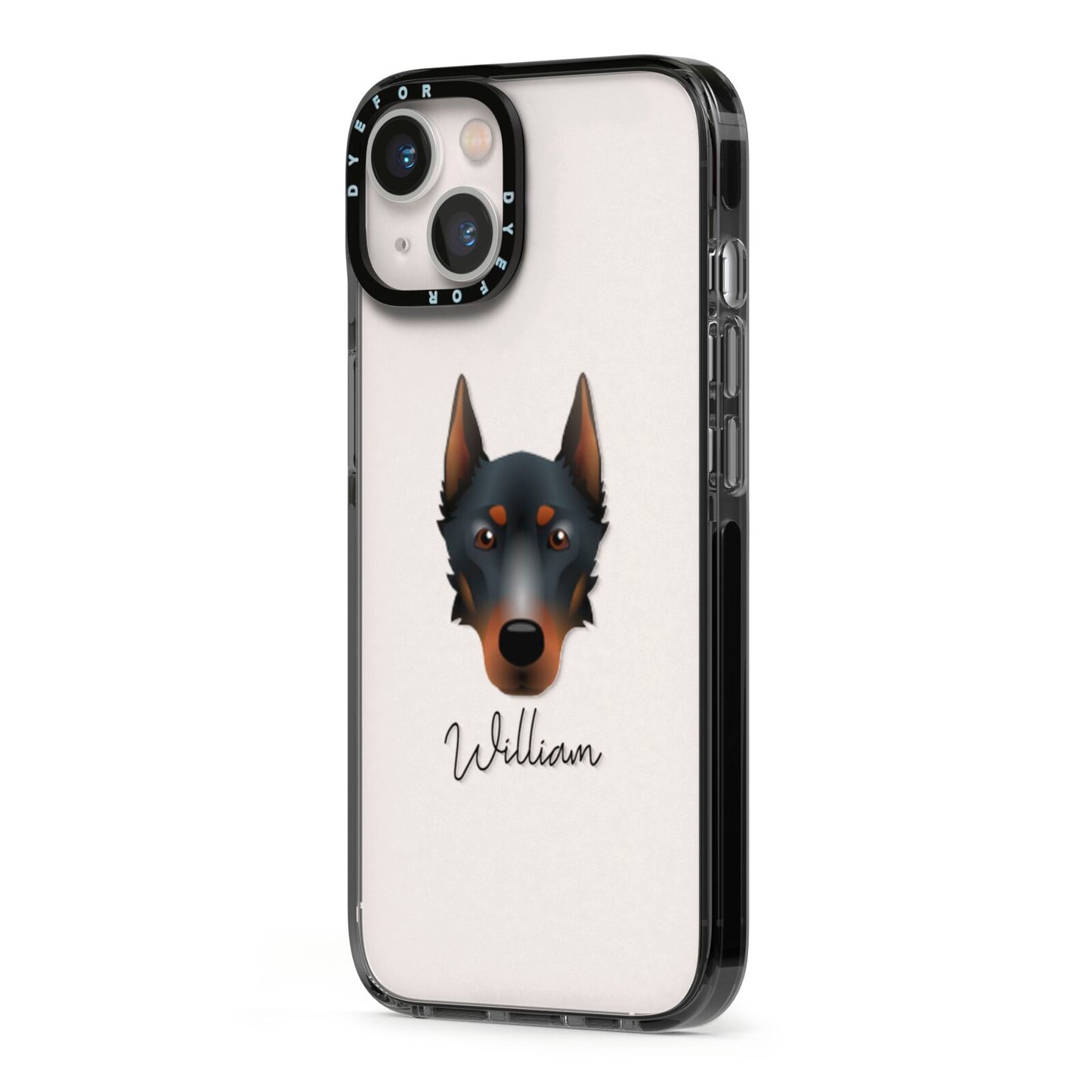 Beauceron Personalised iPhone 13 Black Impact Case Side Angle on Silver phone