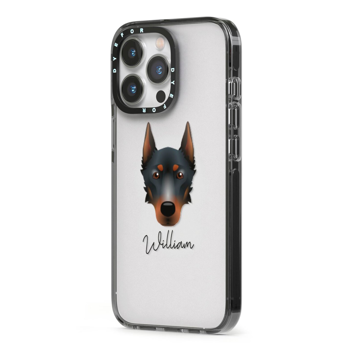 Beauceron Personalised iPhone 13 Pro Black Impact Case Side Angle on Silver phone