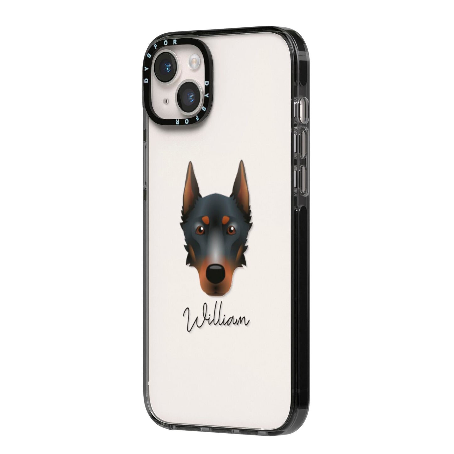 Beauceron Personalised iPhone 14 Plus Black Impact Case Side Angle on Silver phone