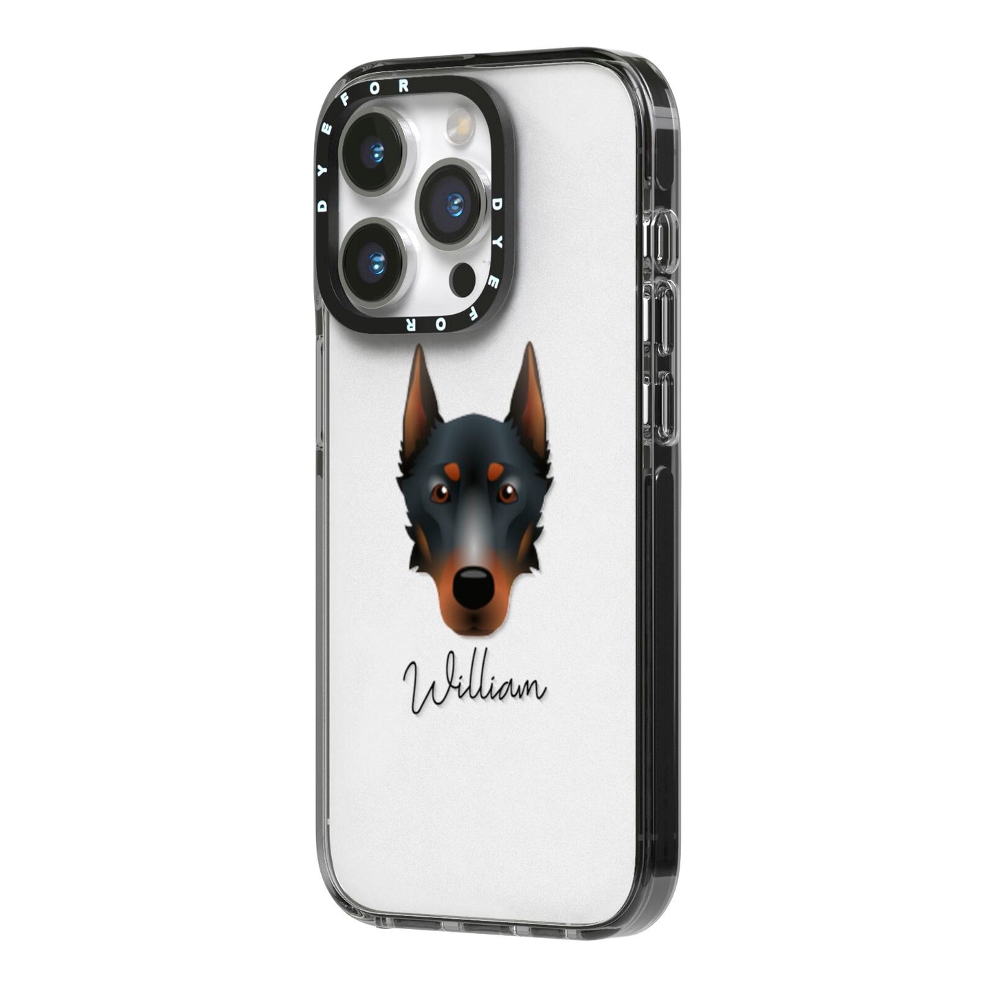Beauceron Personalised iPhone 14 Pro Black Impact Case Side Angle on Silver phone