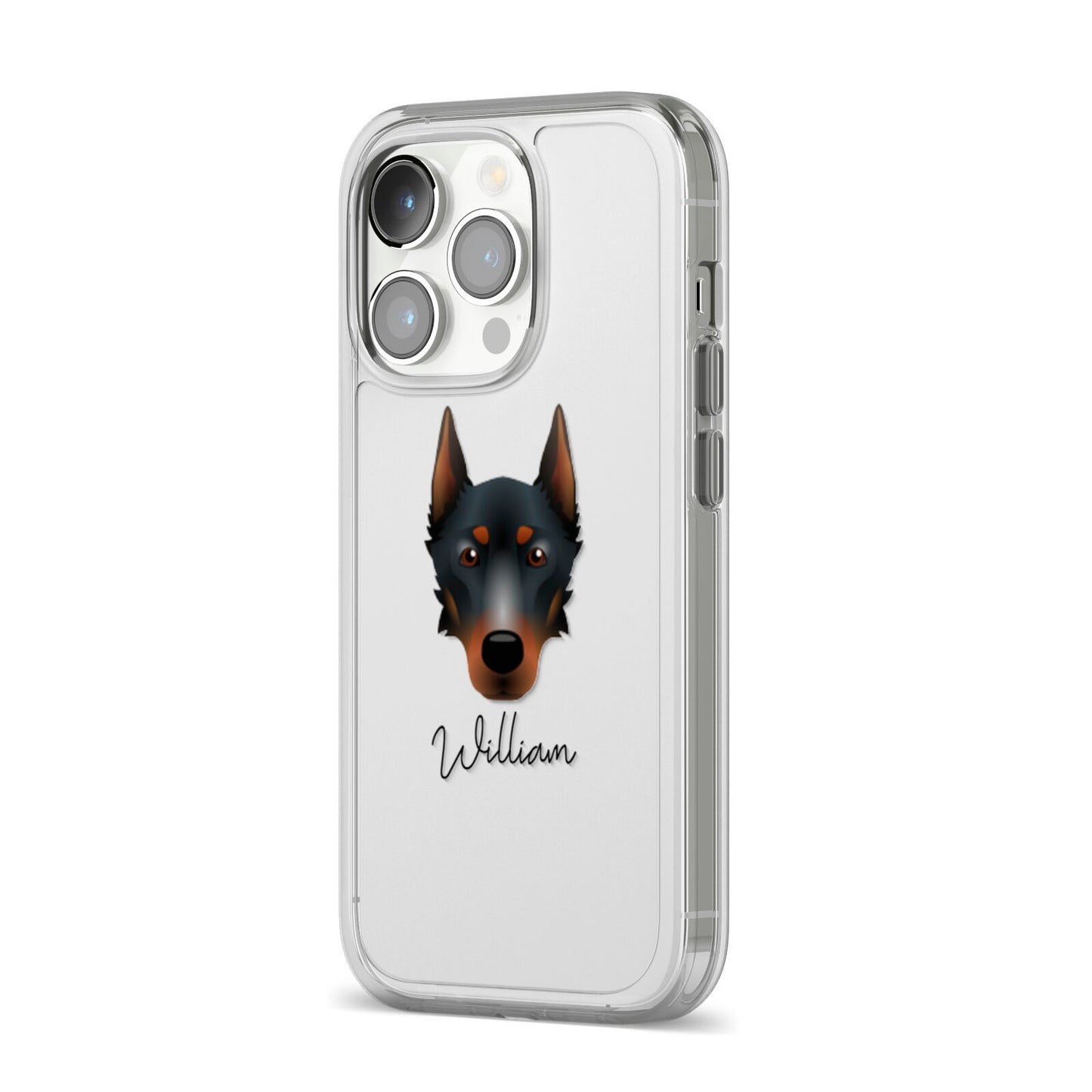 Beauceron Personalised iPhone 14 Pro Clear Tough Case Silver Angled Image