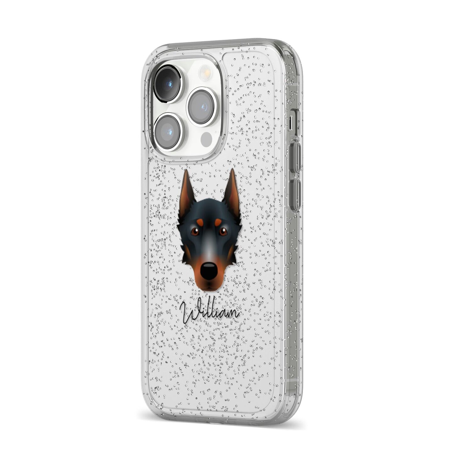 Beauceron Personalised iPhone 14 Pro Glitter Tough Case Silver Angled Image