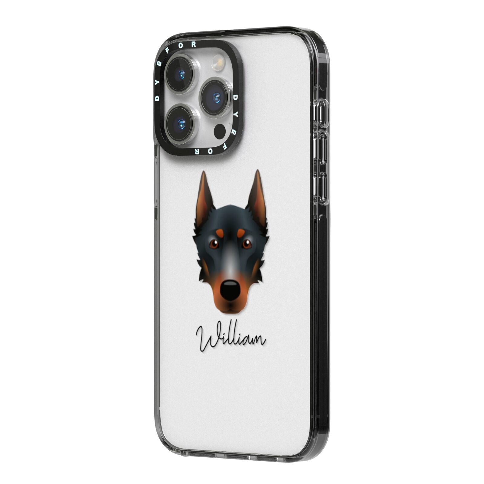 Beauceron Personalised iPhone 14 Pro Max Black Impact Case Side Angle on Silver phone