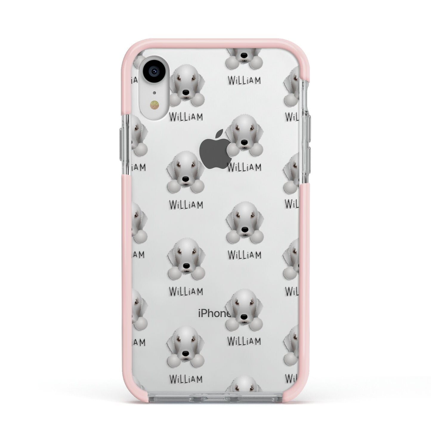 Bedlington Terrier Icon with Name Apple iPhone XR Impact Case Pink Edge on Silver Phone