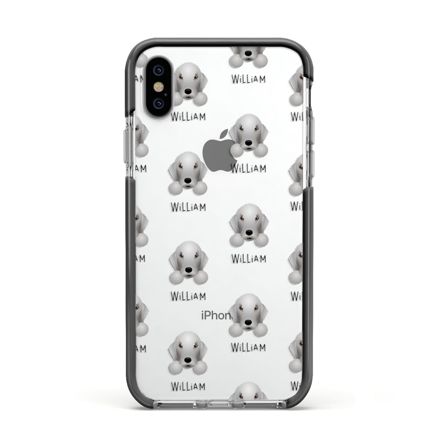 Bedlington Terrier Icon with Name Apple iPhone Xs Impact Case Black Edge on Silver Phone