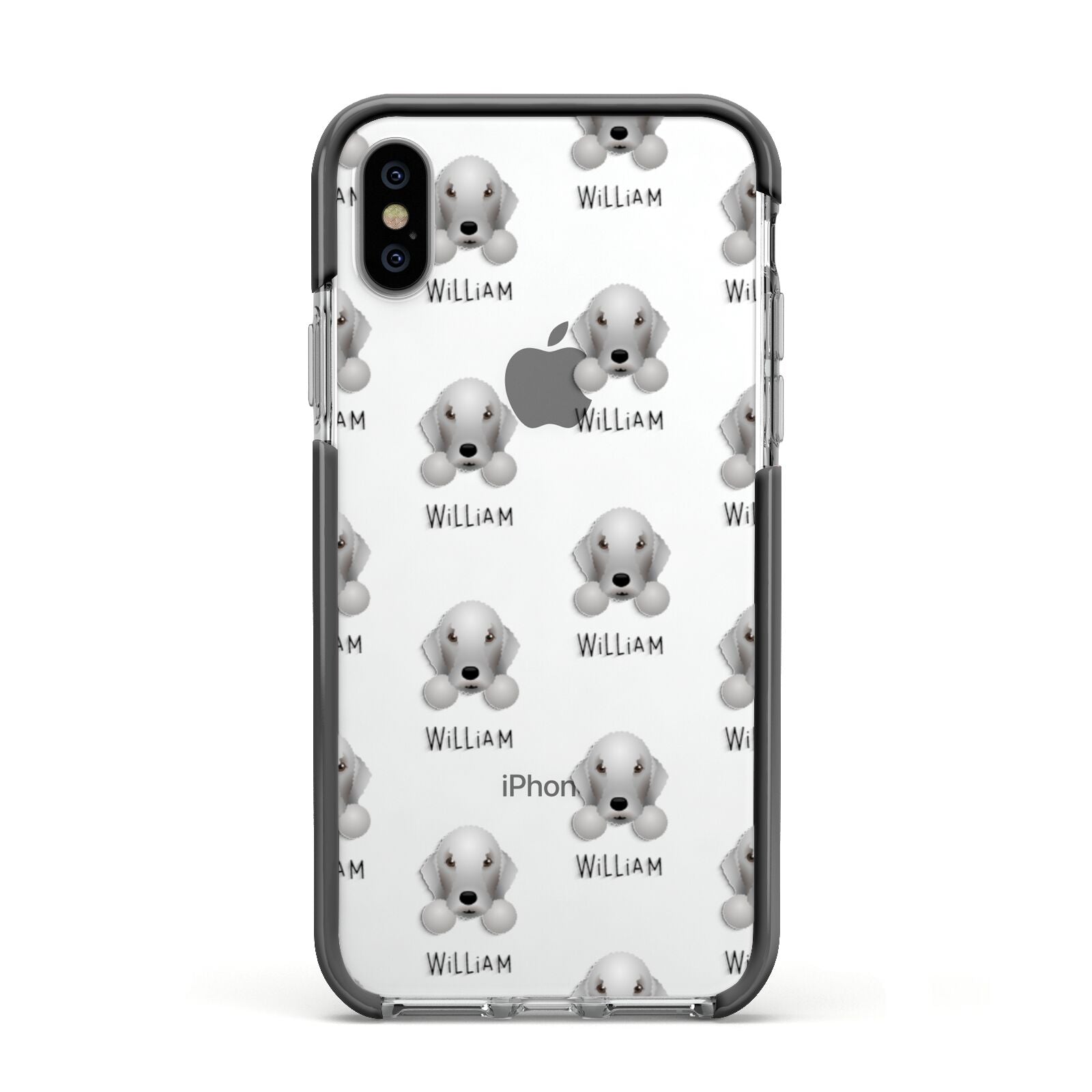 Bedlington Terrier Icon with Name Apple iPhone Xs Impact Case Black Edge on Silver Phone