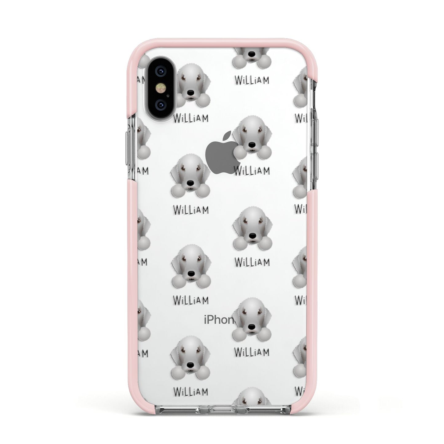 Bedlington Terrier Icon with Name Apple iPhone Xs Impact Case Pink Edge on Silver Phone