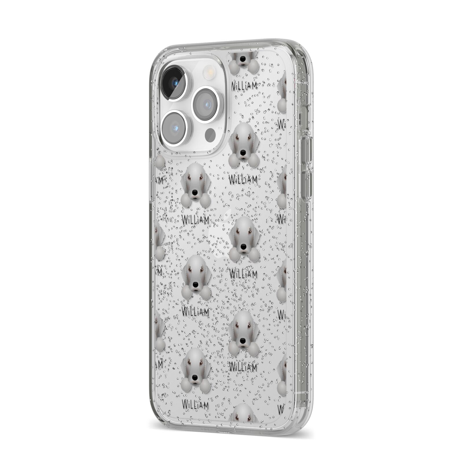 Bedlington Terrier Icon with Name iPhone 14 Pro Max Glitter Tough Case Silver Angled Image