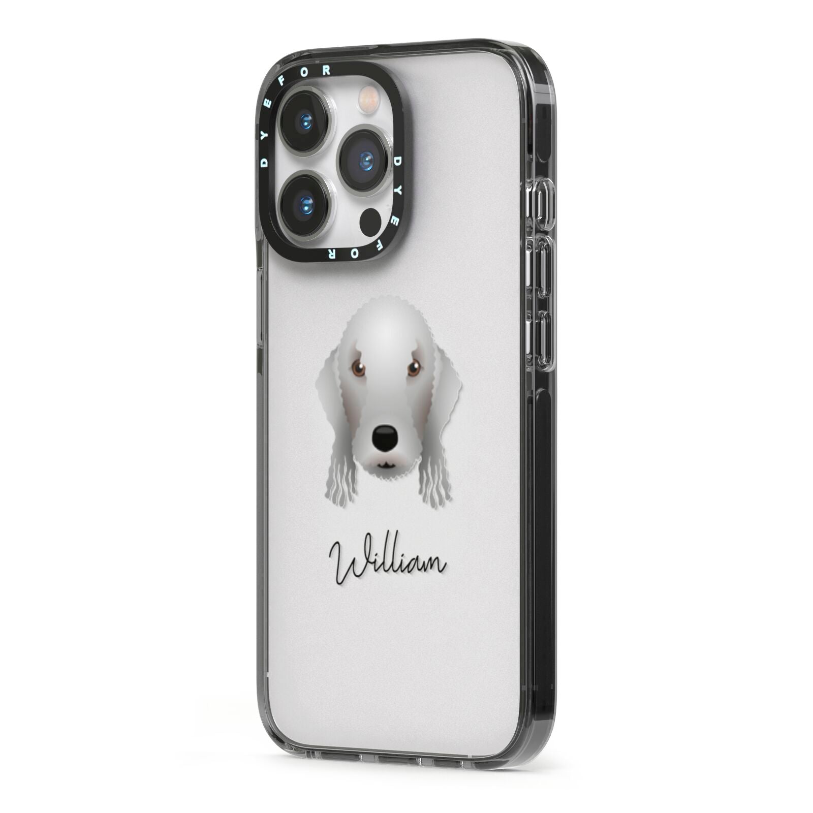 Bedlington Terrier Personalised iPhone 13 Pro Black Impact Case Side Angle on Silver phone