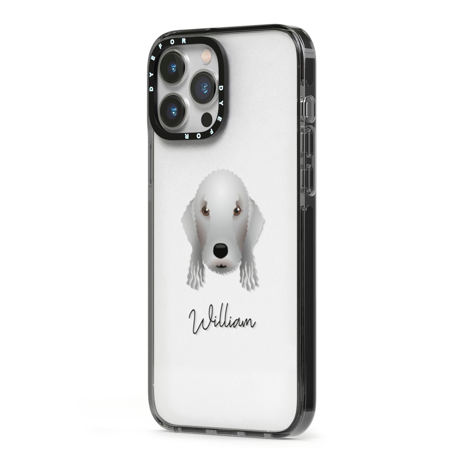 Bedlington Terrier Personalised iPhone 13 Pro Max Black Impact Case Side Angle on Silver phone