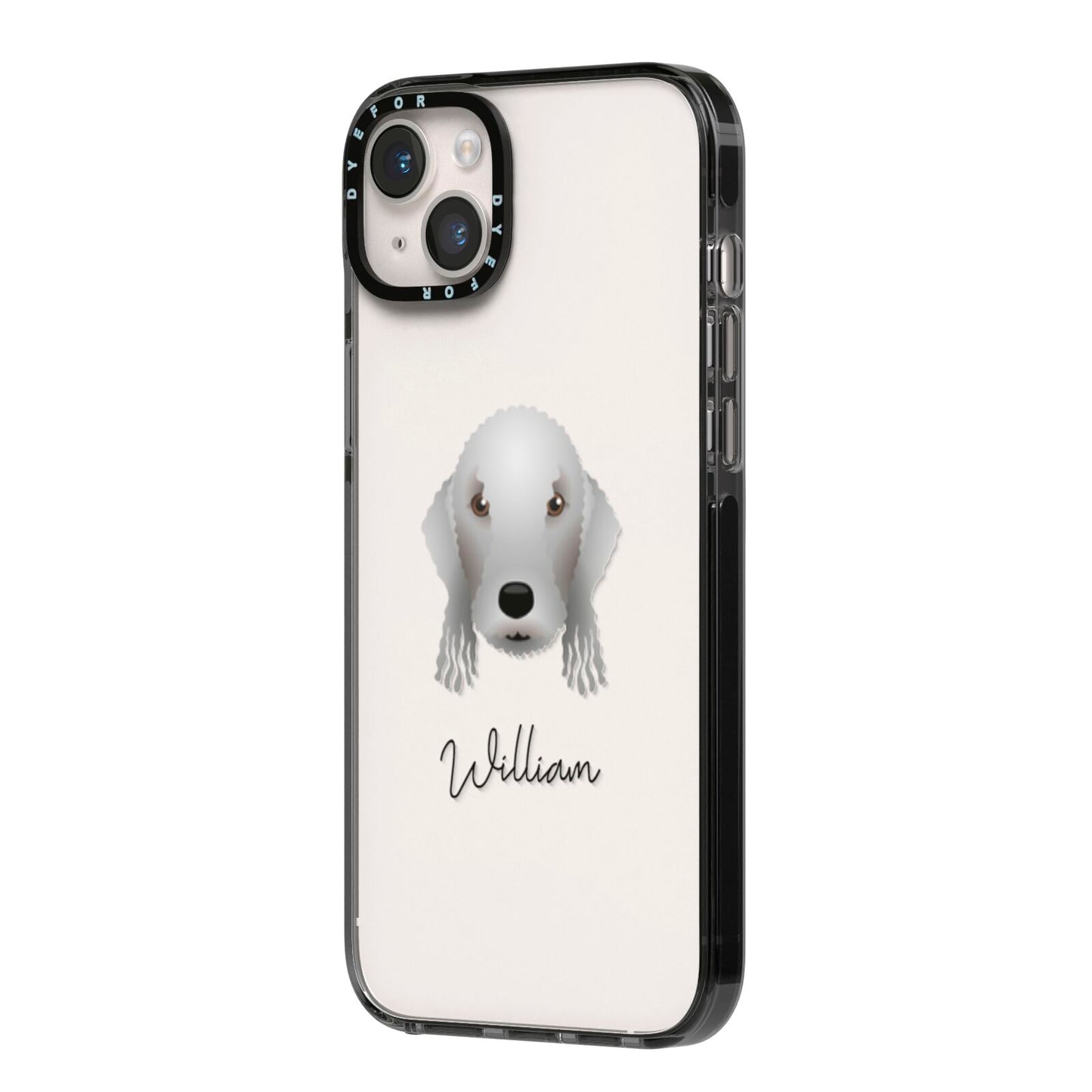 Bedlington Terrier Personalised iPhone 14 Plus Black Impact Case Side Angle on Silver phone