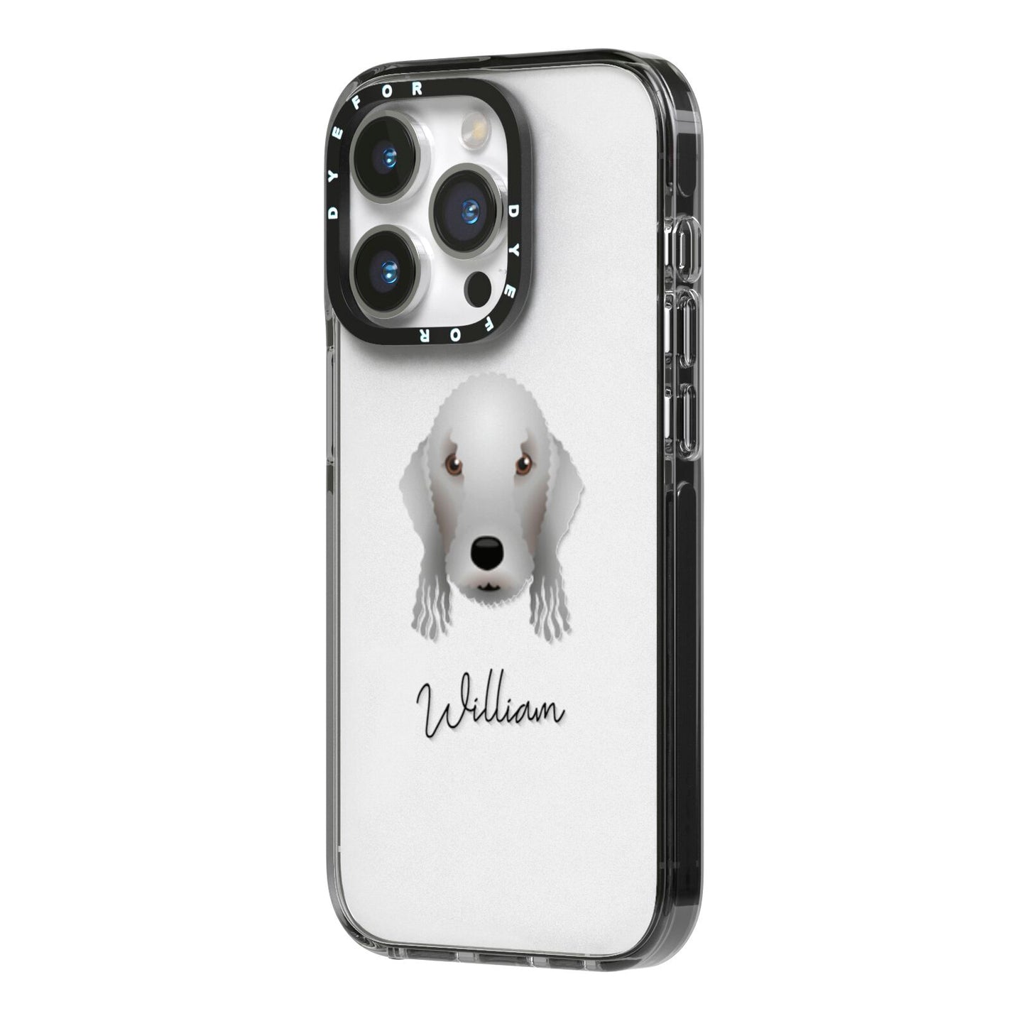 Bedlington Terrier Personalised iPhone 14 Pro Black Impact Case Side Angle on Silver phone