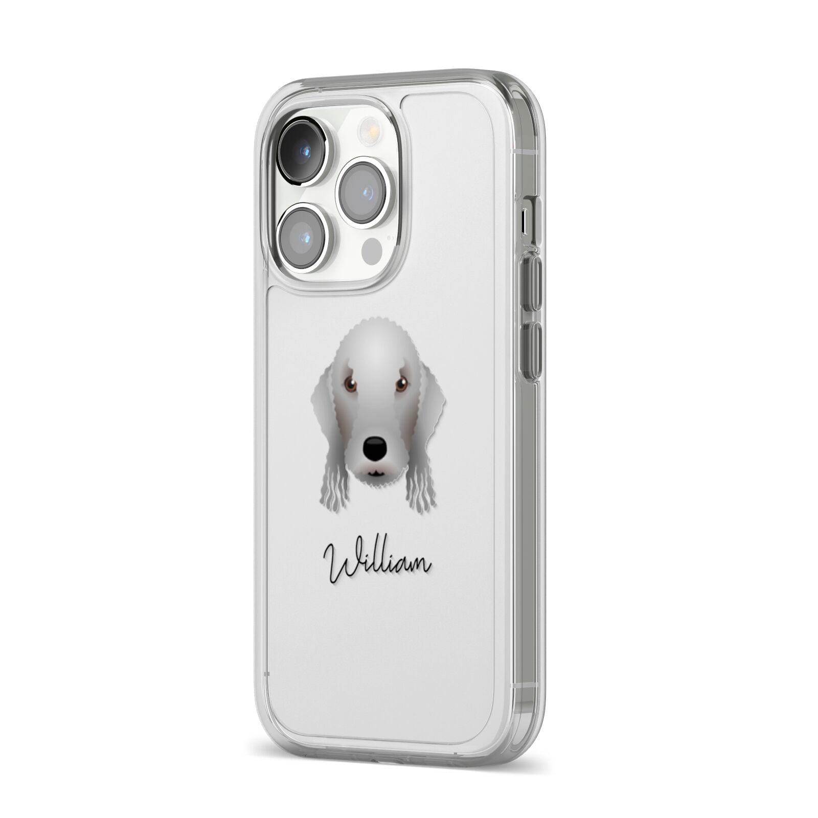 Bedlington Terrier Personalised iPhone 14 Pro Clear Tough Case Silver Angled Image