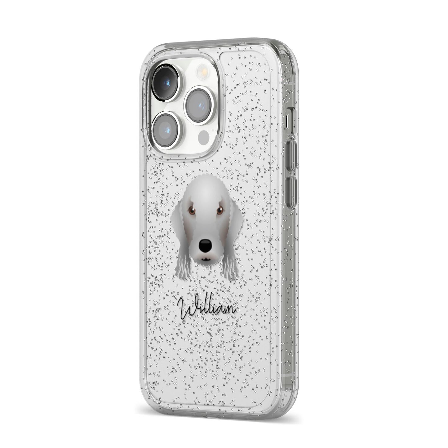 Bedlington Terrier Personalised iPhone 14 Pro Glitter Tough Case Silver Angled Image