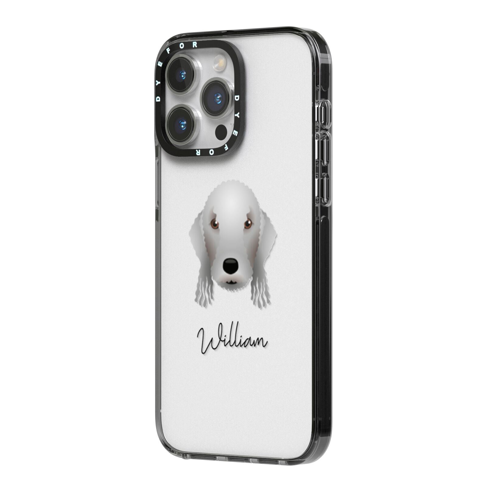 Bedlington Terrier Personalised iPhone 14 Pro Max Black Impact Case Side Angle on Silver phone
