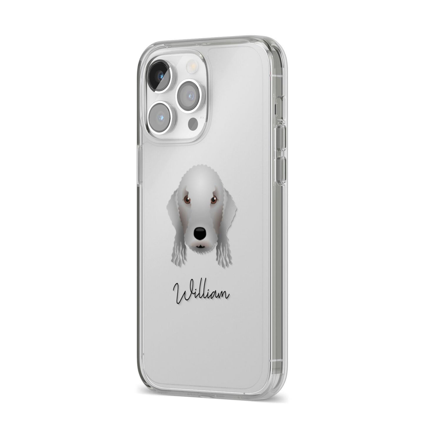Bedlington Terrier Personalised iPhone 14 Pro Max Clear Tough Case Silver Angled Image